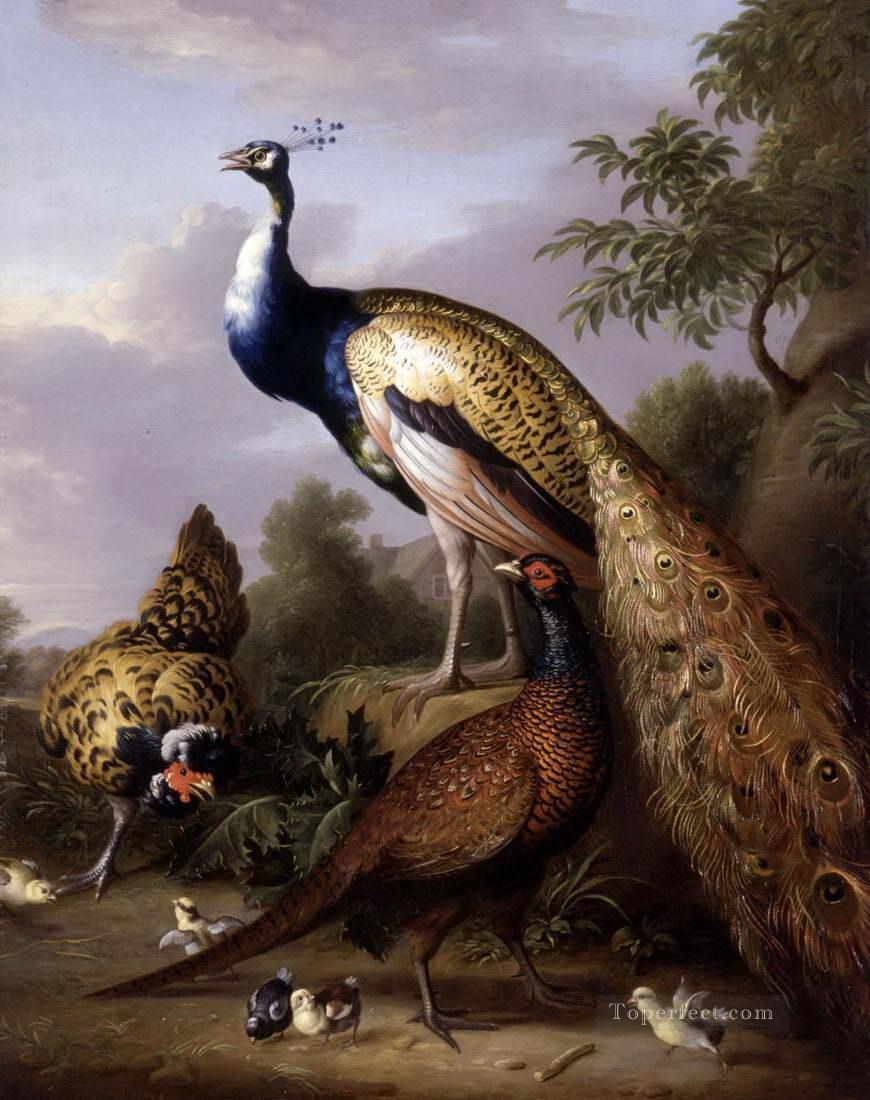 トビアス・ストラノーバー 風景の中の孔雀雌鶏と雄鶏キジ油絵